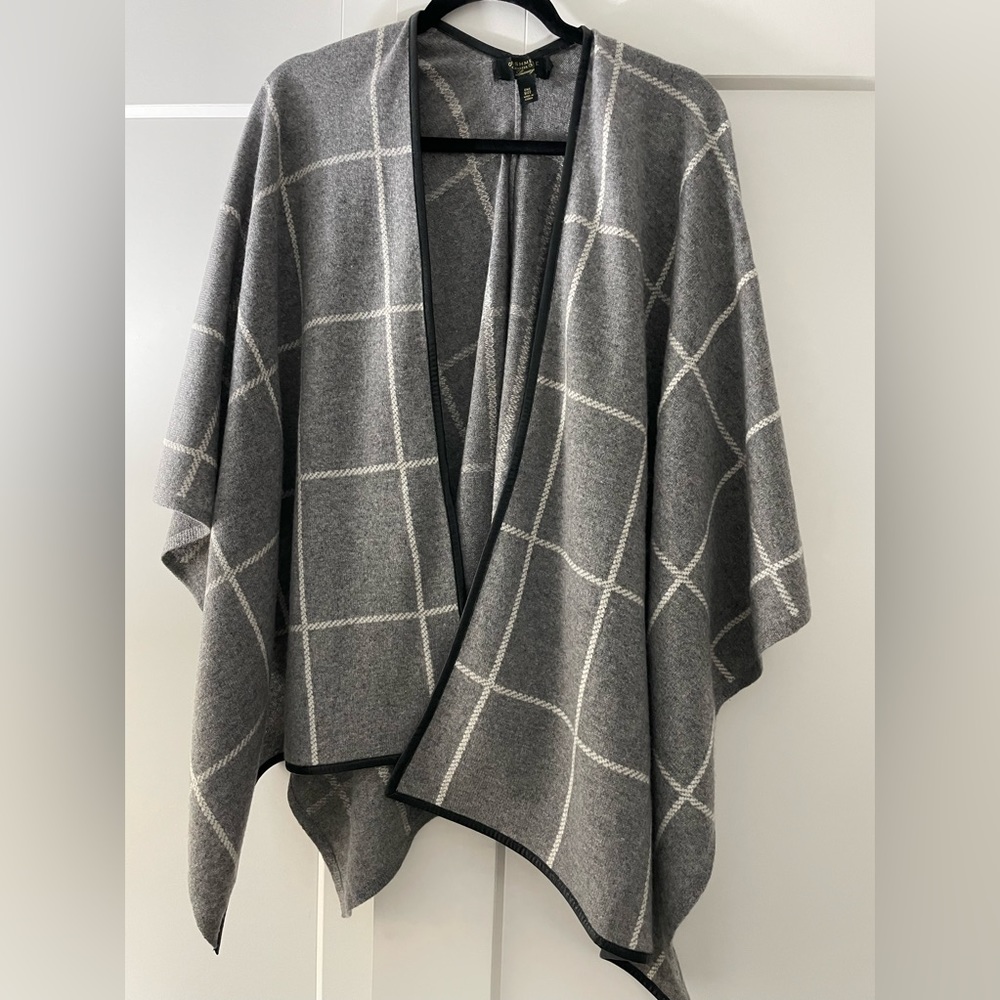 Luxury cashmere wrap coat-grey/white windowpane plaid w/faux leather